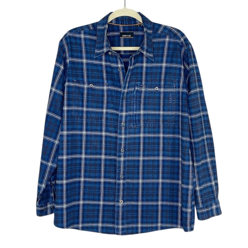 ORVIS 100% Cotton Men's Blue Plaid Outdoor Button Front Shirt size Large